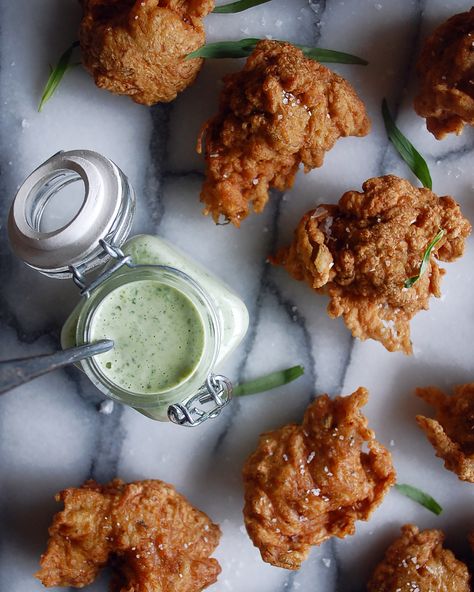 Crab Fritters with Green Goddess Dressing - The Original Dish Crab Fritters, The Original Dish, Comfort Recipes, Goddess Dressing, Potluck Ideas, Green Goddess Dressing, Bronze Dragon, Seafood Market, Work Meals