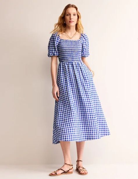 Sky Smocked Linen Midi Dress Midi Dress Blue, Boden Uk, Linen Midi Dress, Blue Gingham, Wedding Guest Dress Summer, Black Wrap Dress, Blue Midi Dress, Black Midi Dress, Relaxed Style