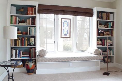 Under Window Bookshelf, Window Seat With Bookshelves, Window Bookshelf, Bookcase Bench, Built In Window Seat, Window Seat Design, Creative Bookshelves, Window Shelves, Window Benches