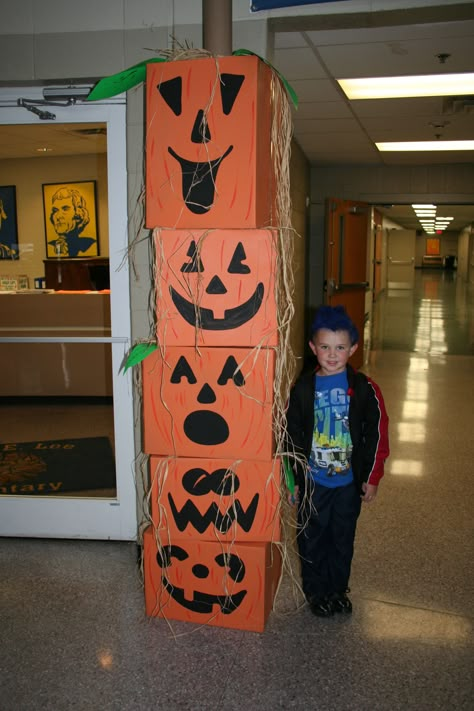 Halloween Decor Boxes Diy, Halloween Classroom Ceiling Decorations, Crafts Out Of Cardboard Boxes, Halloween Decorations Cardboard Boxes, Halloween Decorations Using Boxes, Elementary Halloween Decorations, Halloween Decorations With Boxes, School Halloween Carnival Decorations, Halloween Decorations With Cardboard