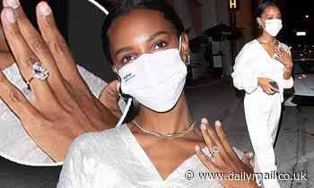 Jasmine Tookes, 29, flashed her massive seven carat engagement ring for the camera outside of Catch in West Hollywood. The model was seen for the first time out since the news, wearing all white Jasmine Tookes Wedding, Jasmine Tookes, Celebrity Engagement Rings, Getting Engaged, West Hollywood, Time Out, All White, Celebrity News, First Time