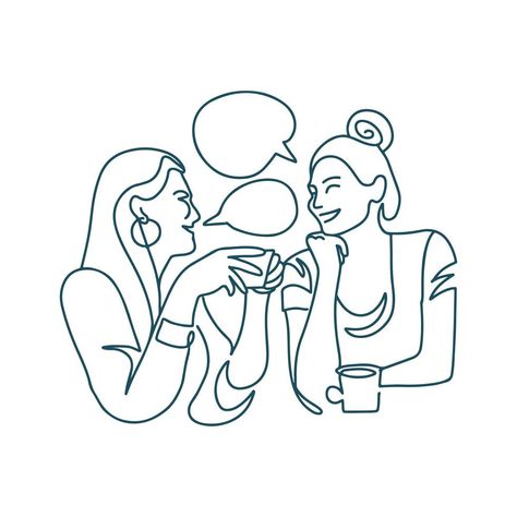 Continuous line drawing of two women drinking coffee in a restaurant. Two happy girls chatting, laughing and talking. Two lady having a conversation. Vector one line illustration. Drawing Of Women, Women Drinking, Travel Agency Logo, Women Talking, Bestie Tattoo, Coffee Drawing, Coffee Illustration, Two Ladies, Women Talk