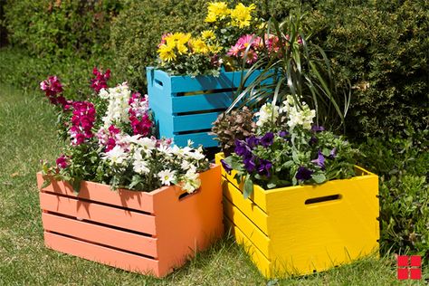 Wooden Crate Planters Project Page Crates For Plants, Painted Wooden Planters, Wooden Crates Garden, Wooden Crates Projects, Painted Outdoor Furniture, Vegetable Garden Planner, Planter Project, Furniture Paint, Unique Gardens