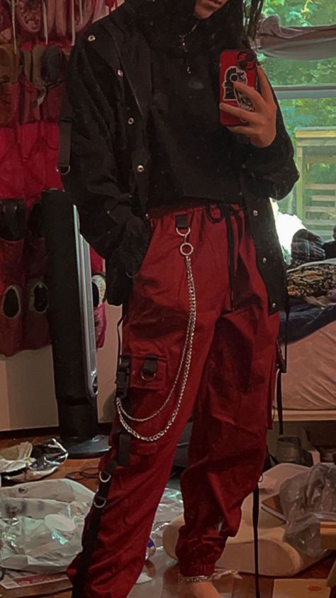 1990s Aesthetic Outfits Men, Grunge Red Outfit Male, Guys Punk Outfit, Red And Black Goth Outfits Men, Punk Fashion Aesthetic Mens, Red And Black Streetwear Outfit Men, Rock Outfits Male, Men In Red Outfit, Clothes For Ocs Male