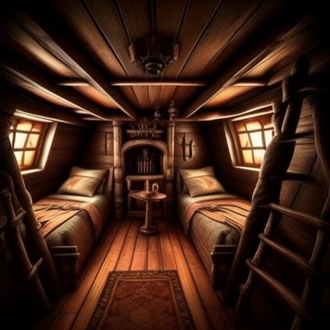 Pirate Ship Cabin Bedroom, Pirate Cabin Aesthetic, Pirate Ship Crew Quarters, Pirate Ship Aesthetic Interior, Captains Quarters Bedroom, Ship Cabin Bedroom, Fantasy Ship Interior, Pirate Aesthetic Room, Ship Interior Concept Art