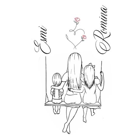 Mother And Daughter Outline Tattoo, Line Art Tattoos Mother And Daughter, Mother Love Tattoo, 2 Daughters Tattoos For Mom, Mom And Daughter Silhouette Tattoo, Mom Holding Daughter Tattoo, Mom And Daughter Portrait Tattoo, Tattoos Bear, Three Sister Tattoos