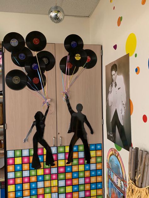 70s School Decorations, Disco Hallway Decorations, Decades Decorations Ideas, 70s Theme Decor, Disco Theme Bulletin Board, School Disco Decorations, Decades Dance Decorations, 70s Disco Decor, Dancing Through The Decades Decorations