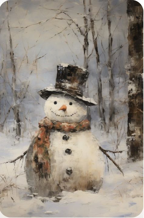 Snowman Winter Scenes, Vintage Winter Scenes Paintings, Winter Vintage Painting, Landscape Winter Painting, Snowy Scene Painting, Vintage Winter Painting, Vintage Winter Pictures, Vintage Painting Ideas On Canvas, Snowy Landscape Painting