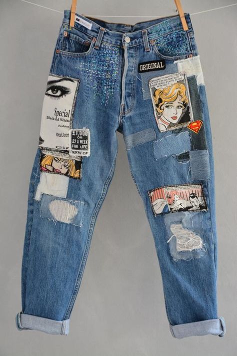 Redone Jeans, Denim Diy Clothes, Patched Denim Jeans, Unique Jeans, Reworked Clothing, Hipster Jeans, Diy Clothes Design, Custom Jeans, Street Fashion Men Streetwear