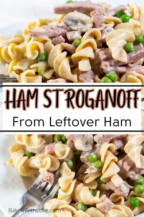 Ham stroganoff is a satisfying dinner combining tender al dente pasta, chunks of cooked ham, and a creamy mushroom gravy! It's one of my favorite comfort food recipes that you can make with leftover ham! You'll love this uniquely flavorful twist on the traditional stroganoff recipe! BakeItWithLove.com Pasta Ham Recipes, Leftover Ham Steak Recipes, Ham And Mushroom Recipes, Leftover Ham Recipes Dinners, Ham Leftover Recipes, Ham Recipes Leftover, Cooked Pasta Recipes, September Recipes, Creamy Mushroom Gravy