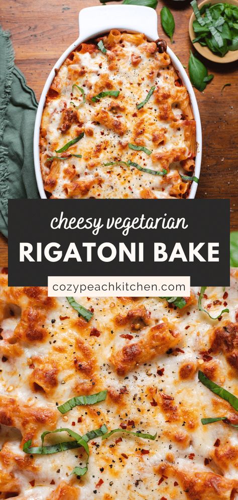 This rigatoni pasta bake with vegetarian sausage is comfort food at its best. Perfect for weeknight family dinners! #pastabake #comfortfood #vegetarianrecipes #dinner Pasta Bake With Sausage, Rigatoni Pasta Bake, Vegetarian Pesto Pasta, Pasta Bake Sauce, Easy Vegetarian Casseroles, Vegetarian Pasta Recipes Easy, Pasta Bake Vegetarian, Sausage Rigatoni, Rigatoni Recipes