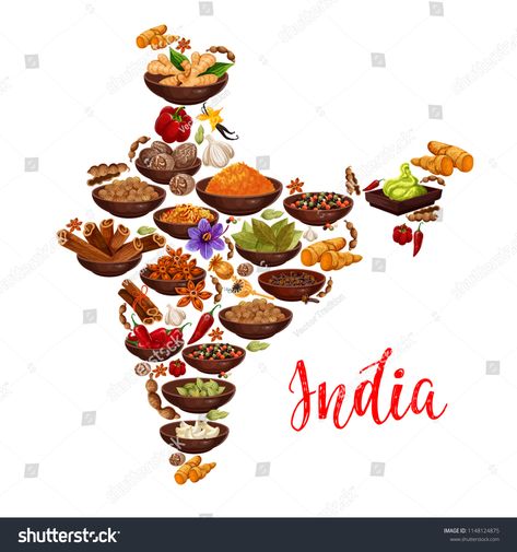 Indian cuisine spices in India map Vector design of curry, ginger and anise with masala seasonings of chili pepper a #Ad , #sponsored, #design#Vector#ginger#curry Indian Spices Illustration, Indian Food Drawing, Chocolate Garland, Students Illustration, Spice Business, Indian Food Menu, Spices Photography, Make In India, Restaurant Art