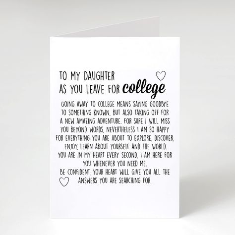 PRICES MAY VARY. Embark on this emotional journey with your daughter as she leaves for college with our premium white greeting card inscribed with "To my daughter as you leave for college...". This touching keepsake is guaranteed to bring a smile to her face. At Suchmugs, we are committed to your satisfaction. If your item arrives damaged, we promise a full refund or a replacement, depending on your preference. We are here to resolve any issues you may encounter! College Daughter, Mom Greeting Card, To My Daughter From Mom, First Day Of College, School Card, Open When Letters, College Quotes, College Notes, Starting School