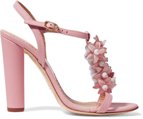 REDValentino Embellished leather sandals | #Chic Only #Glamour Always Yellow Heeled Sandals, Rooftop Brunch, 3d Flower Applique, Beaded Leather Sandals, Ankle Tie Sandals, Floral Heels, Beaded Sandals, Pink Sandals, Embellished Sandals