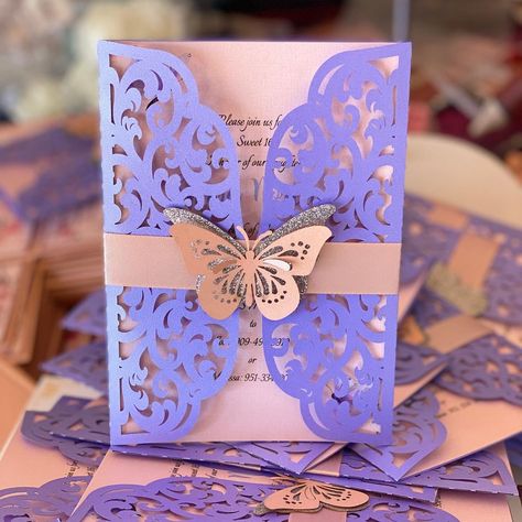 15 Birthday Ideas, Lavender Quince, Butterfly Theme Party, Quincenera Dresses, Quinceñera Dresses, 15 Birthday, Quinceanera Themes, Laser Cut Invitation, Purple Garden