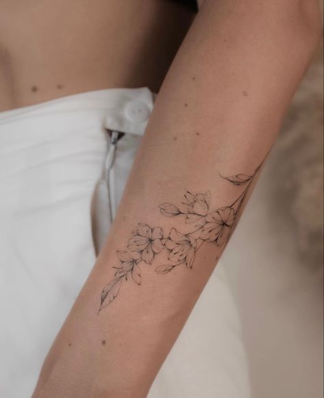 Floral Elbow Wrap Tattoo, Flower Forearm Wrap Tattoo, Floral Wrap Around Tattoo Upper Arm, Wildflower Arm Wrap Tattoo, Sparrows Tattoo, Floral Vine Wrapped Around Arm Tattoo, Flower Vine Arm Wrap Tattoo, Fine Line Floral Arm Wrap Tattoo, Underarm Tattoo Women