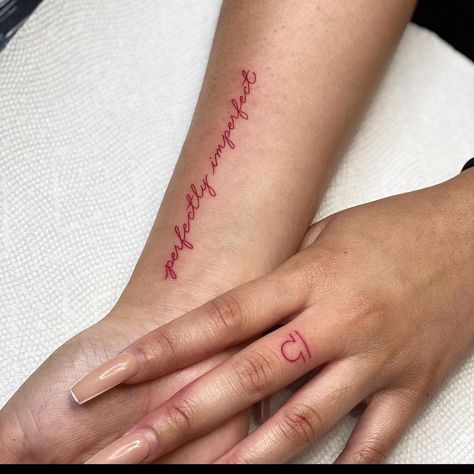 Red Word Tattoo, Inner Wrist Tattoos, Red Word, Red Tattoo Ideas, Red Heart Tattoos, Cursive Tattoos, Word Tattoo, Pretty Hand Tattoos, Red Tattoo