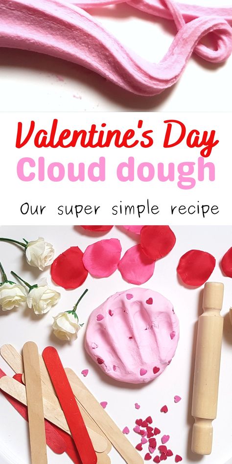 Valentine's Day Cloud dough Valentines Day Stem Preschool, Valentine’s Day Science Activities, February Sensory Bin Ideas Preschool Activities, Toddler Valentine Sensory Activities, Valentine’s Day Fine Motor Activities For Toddlers, Easy Valentine’s Day Activities, Prek Valentines Science, Valentines Day Shape Activities, Open Ended Valentines Activities