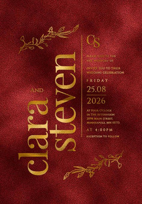 gold foil fonts with a sleek and minimalist design that perfectly captures the essence of your love story on red velvet invitation Gala Invite Design, Gala Graphic Design, Red And Gold Aesthetic, Red Gold Invitation, Diwali Invite, Premium Wedding Invitation, Sv Logo, Poster Natal, Red Velvet Wedding