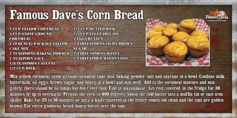 Famous Dave's Cornbread Recipe Famous Daves Cornbread Recipe, Famous Daves Cornbread, Minnetonka Minnesota, Beans And Corn, Cornbread Muffins, Corn Muffins, Famous Daves, Corn Bread Recipe, Yellow Cake Mixes