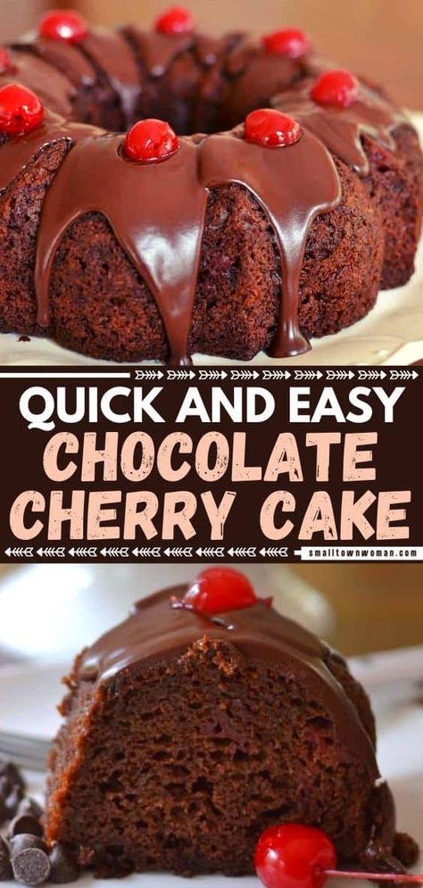 This chocolate recipe is what you need when you are in a pinch! No one needs to know this quick and easy Valentine's Day dessert starts with a box mix. Drizzled with chocolate glaze and garnished with maraschino cherries, this cake idea with cherry pie filling is divine! Elegant Christmas Dessert, October Recipes, Cake Cherry, Boxed Cake Mixes Recipes, Dessert Halloween, Awesome Desserts, Chocolate Cherry Cake, Devils Food Cake Mix Recipe, Easy Holiday Desserts