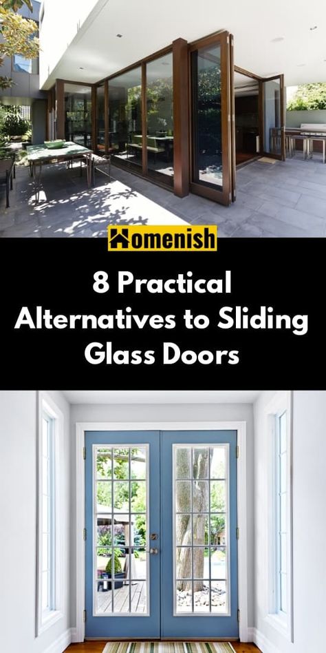 Sliding glass doors are a great way to open up your patio or balcony to the outside – and the sunlight- without having to give up any floor space. But there are also some downsides to these doors that can prompt homeowners to look for alternatives. Change Sliding Glass Door To French Doors, Backdoor Sliding Door Ideas, Sliding Door Porch Ideas, Replace Sliding Glass Door With French, French Door Alternatives, Backdoor Ideas Back Doors Patio, Alternative To Sliding Patio Doors, Sliding Glass Door Ideas Patio, Replace Sliding Glass Door Ideas