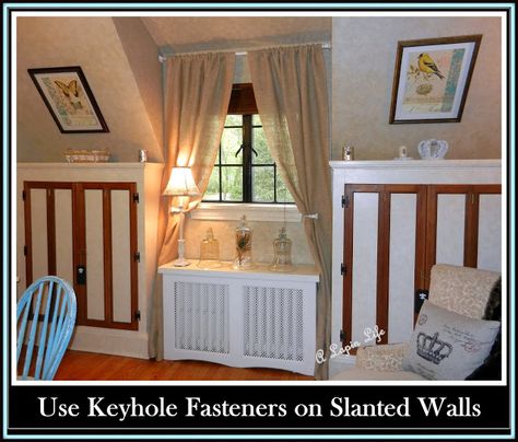 Here's how to defy gravity & hang art on slanted walls. Decorate Slanted Walls, Decorating Slanted Walls, Bedrooms Neutral, Entryway Buffet, Burlap Drapes, Wall Crown, Entryway Paint, Kitchen Nordic, Mirror Boho