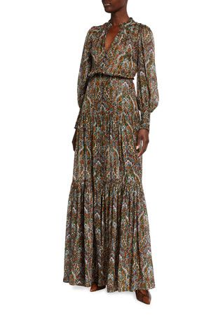 T1B0P Veronica Beard Monali Paisley Maxi Dress Green Silk Maxi Dress, Paisley Maxi Dress, Silk Cocktail Dress, Tiered Skirts, Midi Ruffle Dress, Lounge Dress, Silk Maxi Dress, Style Maxi Dress, Tier Skirt