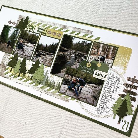 Double page spread using a stash kit I created based on the Mountain Trek paper collection by @paperrosestudio . There was also material… | Instagram Forest Scrapbook Ideas, Mountain Scrapbook Pages, 2 Page Scrapbooking Layouts, National Park Scrapbook Layouts, Nature Scrapbook Layouts, 2024 Scrapbook, Seattle Scrapbook Layouts, Hiking Scrapbook, Alaska Scrapbook Pages