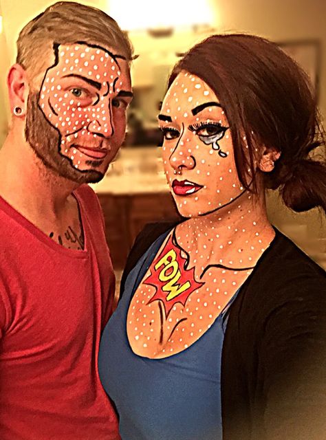 My boyfriend & I! Halloween 2015. Pop art, comic book, love, POW! Comic Book Outfit, Comic Book Costume, Pop Art Halloween Costume, Halloween Costumes For Big Kids, Pop Art Costume, Comic Book Costumes, Halloween Bride Costumes, Comic Costume, Fiesta Halloween