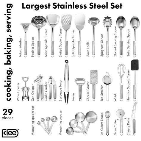 Klee Deluxe 29-Piece Heat-Resistant Stainless Steel Kitchen Utensil Set -- Check out this great product.-It is an affiliate link to Amazon. Kitchen Utensils List, Minimalist Kitchen Essentials, Kitchen Essentials List, Safe Kitchen, Stainless Steel Kitchen Utensils, Dining Etiquette, Kitchen Necessities, Kitchen Tool Set, Cooking Utensils Set