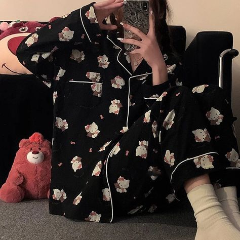 Sanrio Hello Kitty Long Sleeve Top Shirts Trousers 2 Piece Set Women Fashion Home Clothes Cute Pajamas Y2k Black Sleepwear Suit - Walmart.com Black Pajamas Women, Y2k Pijama, Pijama Aesthetic, Pajamas Y2k, Black Pjs, Tokyo Streetwear, Black Sleepwear, Simple Suit, Pajamas Aesthetic