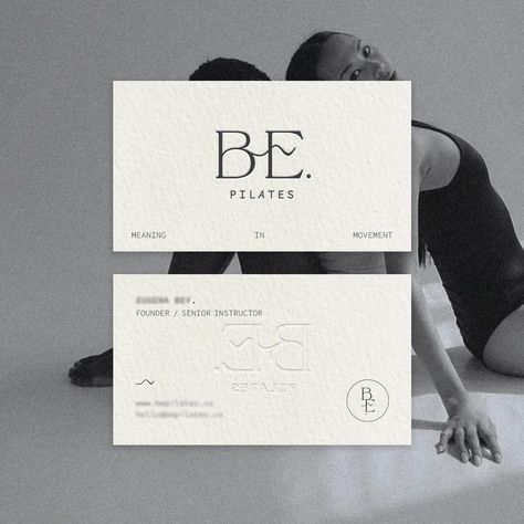 BE. Pilates Business Card - World's No.1 Business Card Directory Pilates Business, Sophisticated Branding, Business Card Gallery, Fitness Business Card, Elegant Business Cards Design, Children's Clothing Brand, Graphic Design Business Card, Yoga Business, Business Card Design Inspiration