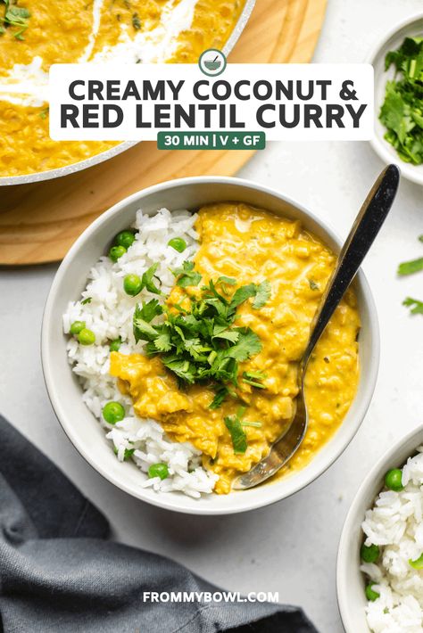 This creamy Coconut & Red Lentil Curry is ready in 30 minutes and you only need 8 ingredients to make it! A cozy, hearty, and flavorful dinner. Red Lentil Curry, Red Lentil Recipes, Tartiflette Recipe, Lentils Vegan, Flavorful Dinner, Diner Recept, Lentil Curry, Lentil Recipes, Red Lentil