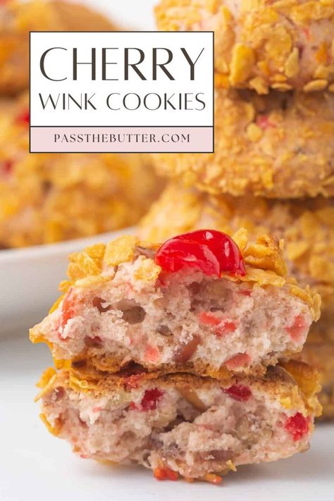 Enjoy a taste of nostalgia with this old fashioned cherry wink cookies recipe. Perfect for the holidays, these homemade cookies blend sweet dates and crunchy cornflakes for a truly delicious treat. Cherry Winks Cookie Recipe, Cherry Winks, Old Fashioned Cherries, Desserts With Few Ingredients, Cookies From Scratch, Easy Treat, Rich Desserts, Dessert Ingredients, Easy Treats