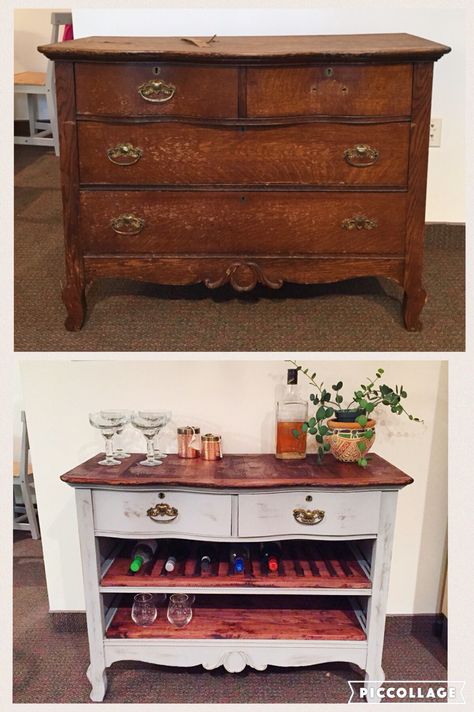 Antique Dresser to Wine Bar #diy Dresser To Wine Bar, Dresser To Bar Diy, Dresser Bar Diy, Wine Bar Diy, Dresser Coffee Bar, Material Scheme, Dresser Bar, Bar Diy, Diy Furniture Renovation