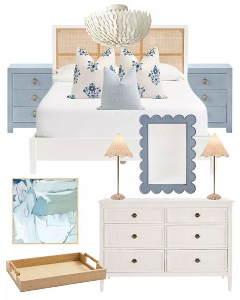 White Rattan Bedroom, White Bed Throw, Hampton Bedroom Ideas, Scallop Mirror, Hampton Bedroom, Bedroom Dresser Styling, Night Stands Bedroom, Blue And White Bedding, Coastal Bedroom Furniture