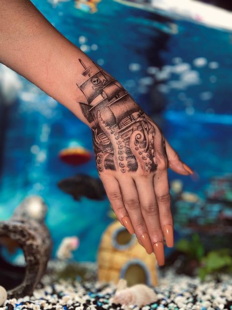 Sea Theme Hand Tattoo, Ocean Theme Hand Tattoo, Ocean Themed Hand Tattoos, Sea Themed Tattoos, Sea Tattoo, Sea Floor, Theme Tattoo, Hand Tattoos For Women, Wrist Tattoo