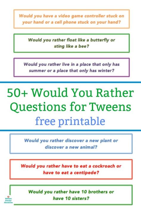 Have a blast with these 50+ Would You Rather Questions for kids of all ages. A great road trip game, sleepover game, or for the classroom. Free printable Would You Rather Questions!  #wouldyourather #wouldyouratherquestions #wouldyourathergame #wouldyouratherfreeprintable #wouldyouratherfortweens #wouldyouratherforteens #wouldyouratherquizzes #sleepovergames #freeprintable #teacherresources Funny Would You Rather, Free Classroom Printables, Conversation Starters For Kids, Would You Rather Game, Questions For Kids, Rather Questions, Would You Rather Questions, Card Games For Kids, Sleepover Games