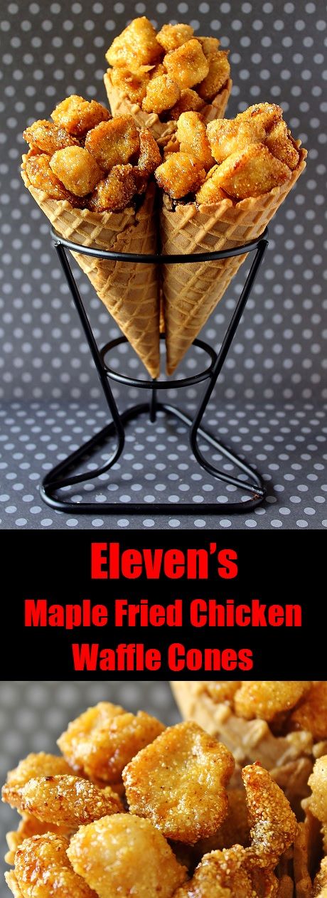 Eleven's Spicy Maple Fried Chicken Waffle Cones from our Stranger Things menu! Stranger Things Appetizers, Chicken Waffle Cone, Stranger Things Food Recipes, Stranger Things Recipes, Chicken And Waffle Cone Recipe, Stranger Things Food, Fried Chicken Chunks, Stuffed Cones, Bbq Board