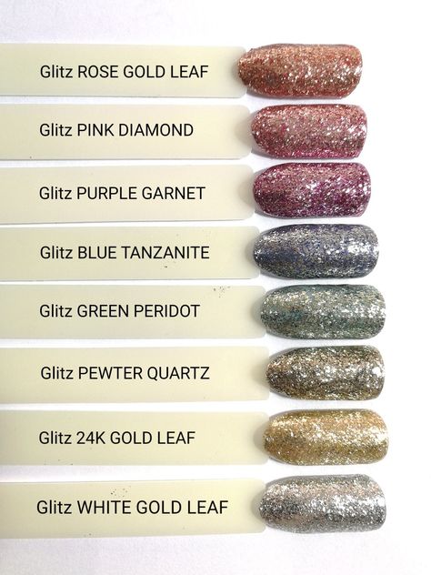 This line of glitter gels is specially formulated to allow for a smooth application. Glitter lays flat to reflect the most amount of light resulting in a foil like effect. Glitz is a super saturated full coverage glitter. #AKZENTZ #LUXIO #GEL_PLAY_GLITZ #GLITZ_rose_gold_leaf #GLITZ_pink_diamond #GLITZ_purple_garnet #GLITZ_blue_tanzanite #GLITZ_green_peridot #GLITZ_pewter_quartz #GLITZ_24k #GLITZ_white_gold_leaf #glitter_foil #soak_off_gel Purple Garnet, Blue Tanzanite, Soak Off Gel, Glitter Gel, Green Peridot, Pink Diamond, Gold Leaf, Garnet, Foil