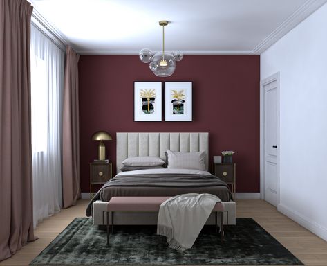 Burgundy Master Bed, Cream And Burgundy Bedroom, Maroon Accent Wall Bedroom, Maroon Room Aesthetic, Burgundy Accent Wall Bedroom, Burgundy Room Ideas Bedrooms, Statement Walls Bedroom, Dark Red Bedroom, Bordeaux Bedroom