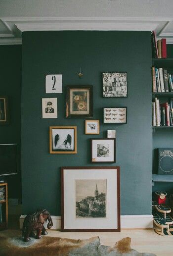 Interior color palatte with forest green walls.  White, cream,  + wood.  Lovely paint color to go along with all the wood in the cabin.  Looks a lot like Farrow & Ball Studio Green. Emerald Green Living Room Walls, Emerald Green Living Room, Green Walls Living Room, Dark Green Living Room, Dark Green Walls, Neutral Room, Green Walls, Living Room Green, Green Rooms