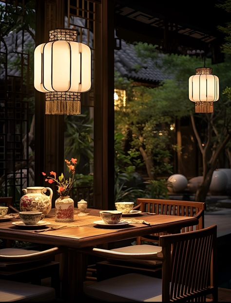 Asian Tea Room, Japanese Tea House Aesthetic, Chinese Traditional Aesthetic, Chinese Lanterns Aesthetic, Japan Architecture Traditional, Tea House Aesthetic, Chinese Decor Asian Interior, Traditional Chinese House Interior, Chinese Interior Design Traditional