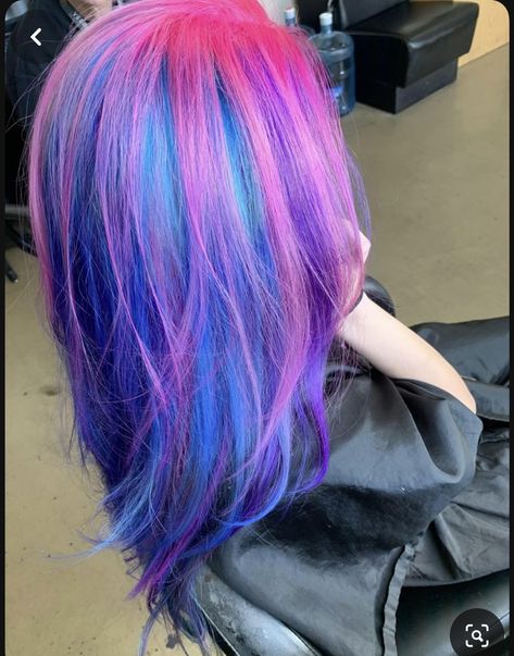 Blue And Pink Hair Curly, Pretty Hair Dye Colors, Vivid Hair Color Short Bobs, Blue And Pink Hair Color, Pink And Blue Hair Dye Ideas, Hot Pink And Blue Hair, Pink And Blue Hair Highlights, Blue Hair With Pink Highlights, Blue Hair With Purple Highlights