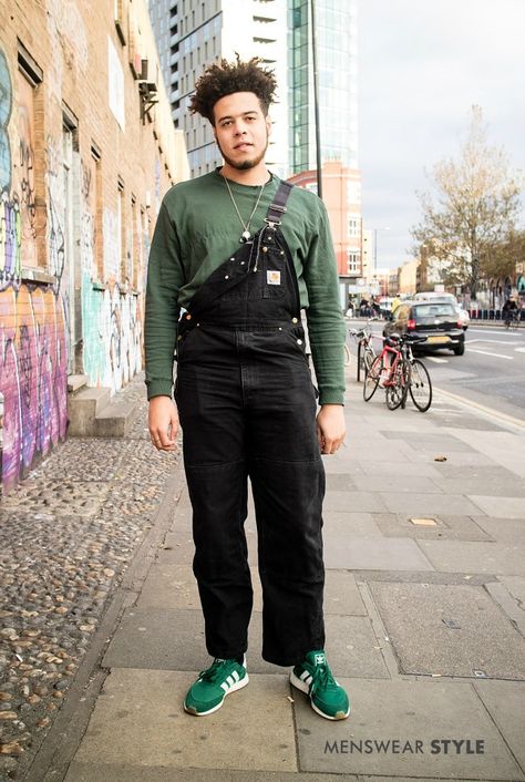 Reece on the streets of London wears Carhartt dungarees, Green long sleeve top and Green adidas trainers in 2018. Carhartt Dungarees Outfit Men, Green Overalls Outfits Men, Carhartt Dungarees Outfit, Dungarees Outfit Men, Green Overalls Outfits, Overalls Outfit Men, Dungarees Outfit, Carhartt Dungarees, Dungaree Outfit