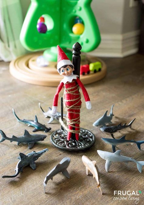 Looking for a fun and hilarious way to surprise your family with your Elf this holiday season? Picture this: your little Christmas companion tied to a paper towel roll, surrounded by a circle of toy sharks, as if they’ve stumbled into some serious holiday mischief! It’s a creative and funny scene that will have everyone laughing and wondering how your elf got into such a fin-tastic predicament! New Ideas for The Elf on the Shelf and free Christmas printbles. Elf On The Shelf Tied Up, Elf On The Shelf Paper Chain, Elf On The Shelf Beach Ideas, Elf On The Shelf Ideas With Reindeer Pet, Elf On The Shelf Back Ideas, Elf On The Shelf Mischief, Elf On A Shelf Ideas, Elf Classroom, Reindeer Pet