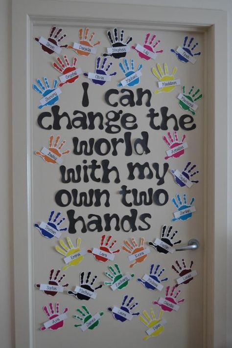 Handprint Door Decorations Classroom, Hands Bulletin Board Ideas, Twos Classroom Door Ideas, Handprint Bulletin Board Ideas, Hand Print Quotes, Change Is All Around Theme Infants, September Door Decorations, Daycare Lobby Ideas, Toddler Classroom Door Ideas