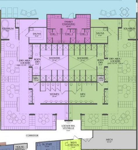 Locker room floor plan showing circulation and adjacent areas. Image courtesy of Essenza Architecture. #recreationalroom #recreational #room #awesome Public Changing Room Design, Lockers Room Design, Public Shower Room Plan, Gym And Spa Plan Architecture, Gym Changing Room Design, Gym Plan Architecture, Locker Room Floor Plan, Public Shower Room, Gym Floor Plan