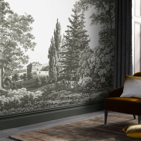 House Surrounded By Nature, Bathroom Wall Mural, Detailed Wall, Grey Wall, Graham & Brown, Mural Design, Brown Wallpaper, Carbon Neutral, World Of Interiors